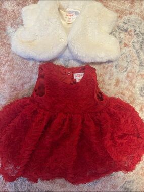 Cat & Jack Red Ruffle Party Dress with White Faux Fur Bolero size 3-6 months